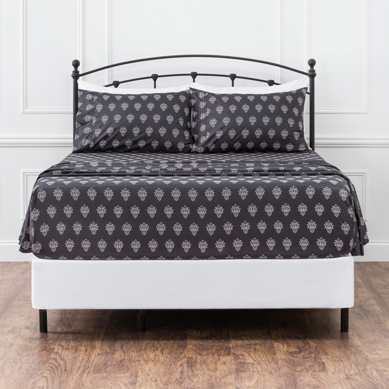 Ultra Soft Floral Microfiber Percale Sheet Set, King Sheet Set + Fitted Sheet + 2 Pillowcases, Black