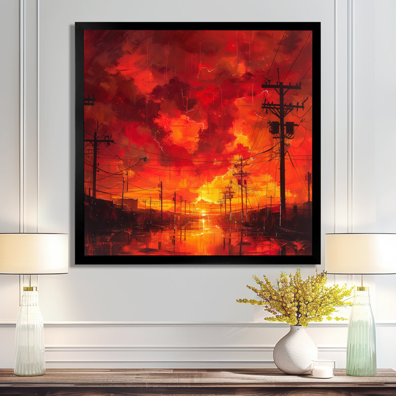 Rouge, jaune, tension, lignes électriques I - Power Lines Wall Art, Cadre simple noir, H 30 po x l 30 po x P 1 po