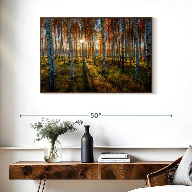 Forêt de bouleaux suédois, 37 po x 25 po, Cadre flottant noyer