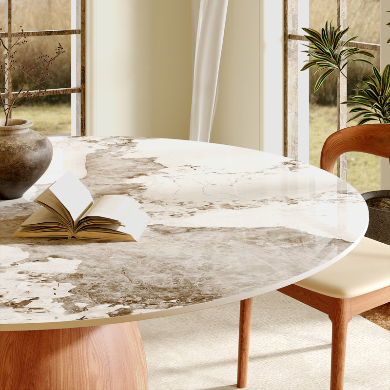 Mid-Century Modern Round Dining Table, 39"/43"/47"/53"/59" Sintered Stone Top, Solid Wood Base, Farmhouse Kitchen Table, Stain & Scratch Resistant