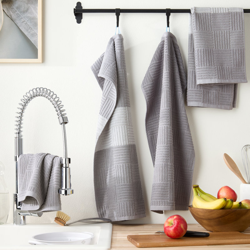 Gray Basketweave Terry Cotton Kitchen Towel Set, 16" x 28"