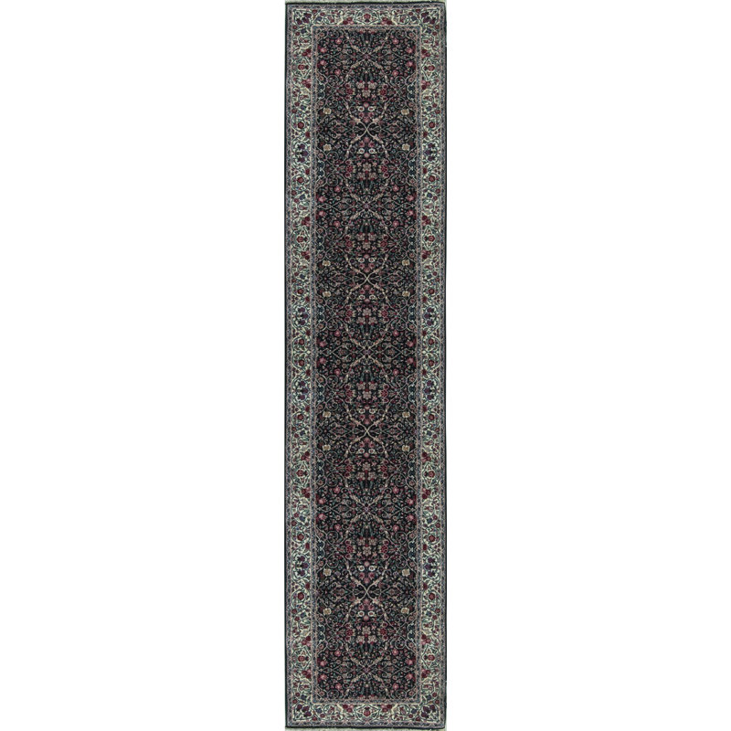 Tapis de couloir vert et ivoire noué à la main de haute qualité