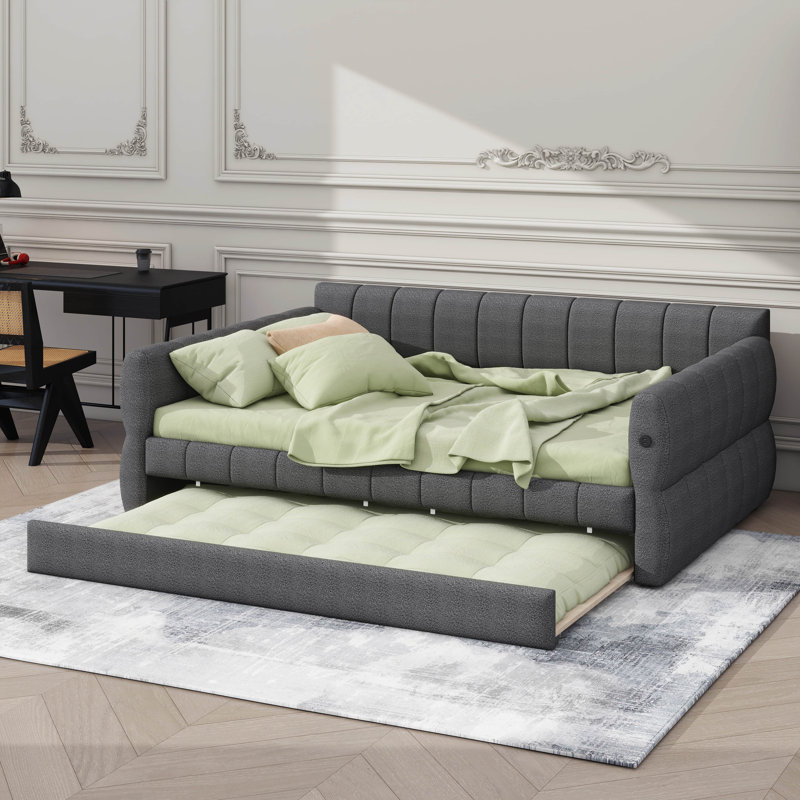 Queen-Size Fabric-Upholstered Platform Bed With Roll-Out Trundle Bed, Gray