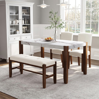 Ensemble de mobilier de salle à manger moderne 4 pièces, coin repas pour 4 personnes pour la cuisine, table de style faux marbre de 46 po et 2 chaises et banc rembourrés avec pieds en bois