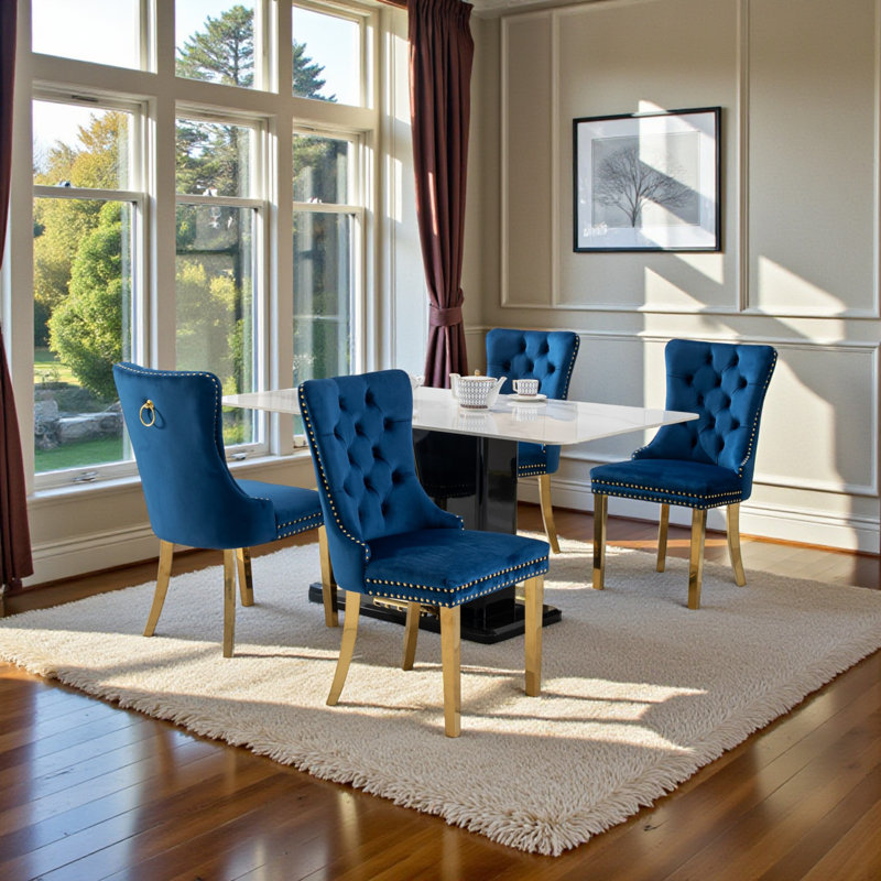 Tufted Velvet Wing Back Side Dining Chairs, Blue, Mirror Gold