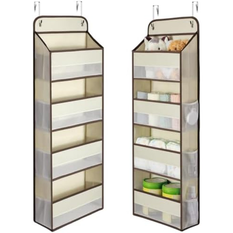 Paquet de 1 organisateur de rangement au-dessus de la porte, organisateur de porte de placard à charge de 35,2 lb, organisateur de salle de bain sans affaissement avec 4 bacs, 6 poches latérales, rangement de porte pour les essentiels de la chambre de bébé, beige