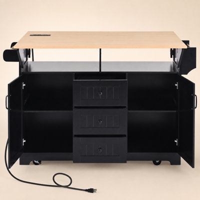 55" Rolling Kitchen Island with 2 Drop Leaves, Power Outlet, 3 Drawers Storage Cart