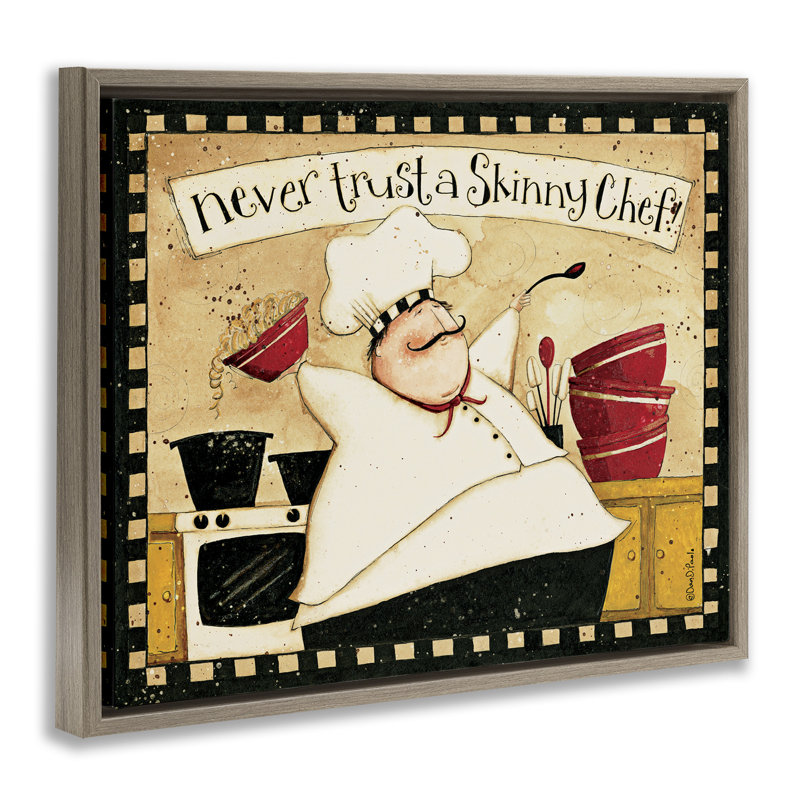 «Skinny Chef Funny Kitchen», art mural encadré par Dan DiPaolo, Cadre flottant orme Montalcino, H 17 po x l 21 po