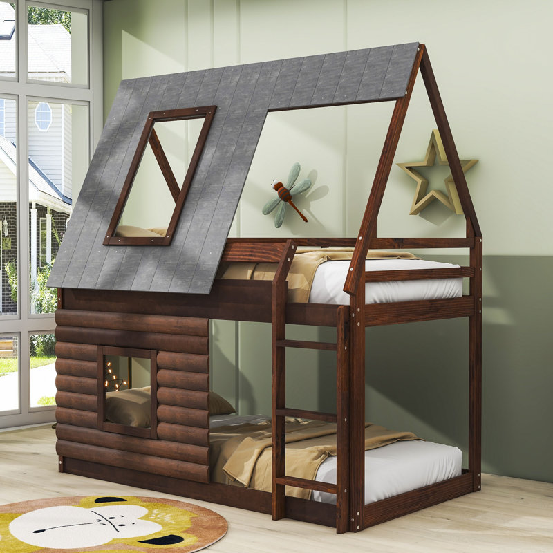 Ramford Twin over Twin Wooden Bunk Bed with Roof, Ladder and Two Windows