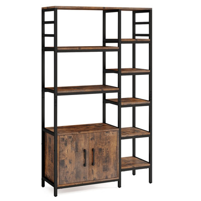 Bibliothèque double à 8 niveaux avec armoire à 2 portes, style industriel, en métal et bois d'ingénierie, idéale pour le salon, le bureau ou la bibliothèque, couleur brun rustique.