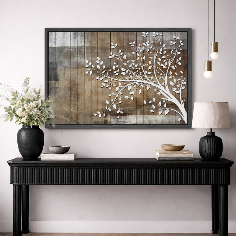 Abstract Tree "White Branch Leaves On Wood Effect Background Artwork, Abstract Neutral Tan Rustic Wall Pictures, Large Framed Canvas Giclee Print Wall Art"