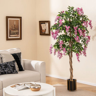 Plante de glycine artificielle de 5,5 pi, ficus en pot avec fleurs et feuilles en tissu, mousse réaliste, tronc de bois massif, mousse réaliste, plante de verdure en pot pour salon, bureau, porche, mariage