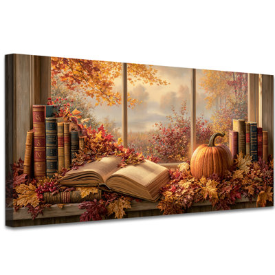 Art mural d'automne sur toile, peinture d'automne campagnarde rustique, œuvres d'art pour la décoration intérieure, scène de fenêtre de salon de chambre à coucher avec citrouille et feuilles d'automne (16 po x 32 po)