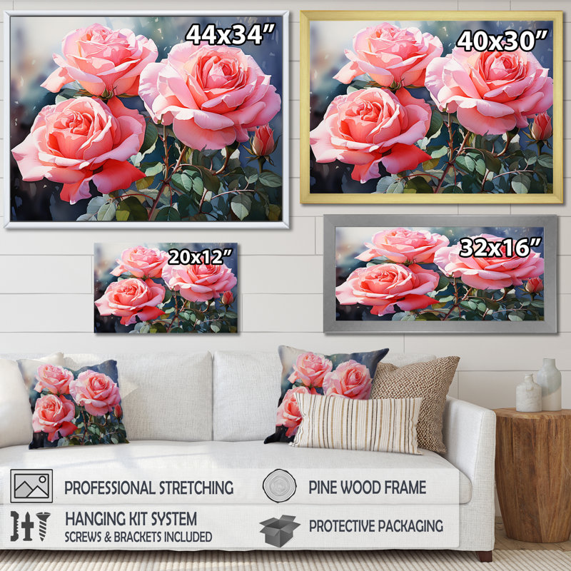 Minimalisme, roses roses, rêve I sur toile, H 16 po x l 32 po x P 1 po, Cadre simple noir