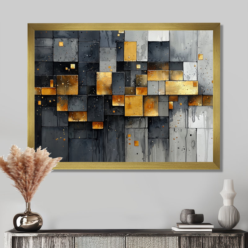 Art géométrique Pulse, H 24 po x l 32 po, Floater Framed, Doré