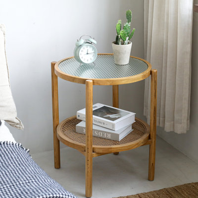Charie Boho Glass Rattan Wood Round Storage Side End Table