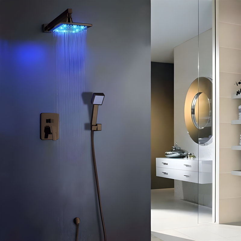 Système de douche à pluie DEL bronze huilé avec mélangeur thermostatique et à main