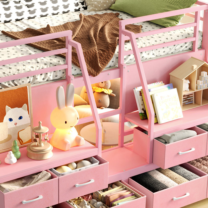Lit simple mezzanine bas avec tiroirs de rangement, tablettes et lumières, lit mezzanine en métal avec espace sous le lit, sans sommier, rose