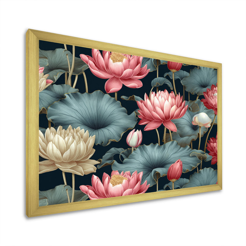 «Red Green Lotus Ponds III», reproduction sur toile, Encadrement doré, H 12 po x l 20 po x P 1 po