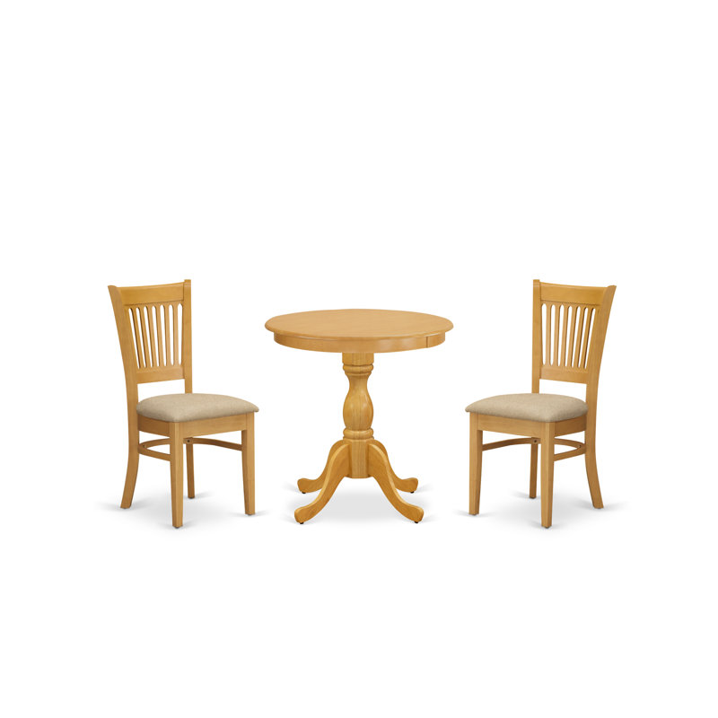 3 Piece Dining Table Set for Small Spaces Contains a Round Dining Room Table with Pedestal and 2 Linen Fabric Upholstered Chairs, 30x30 Inch, Oak