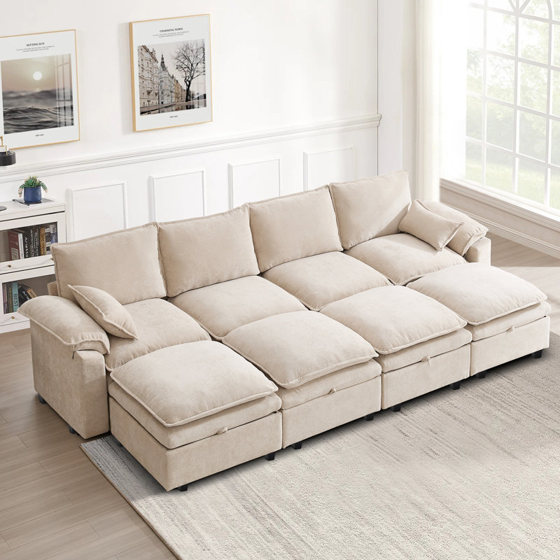 8 Seat Chenille U Shaped Modular Sectional Sofa With Storage, Beige