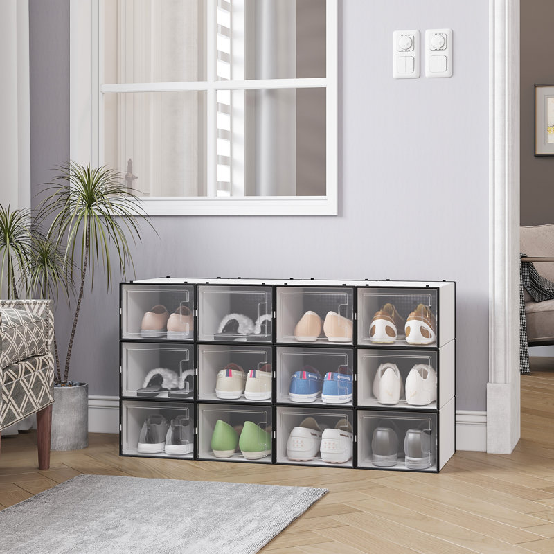 12 Pair Stackable Shoe Storage Box, Dark Black