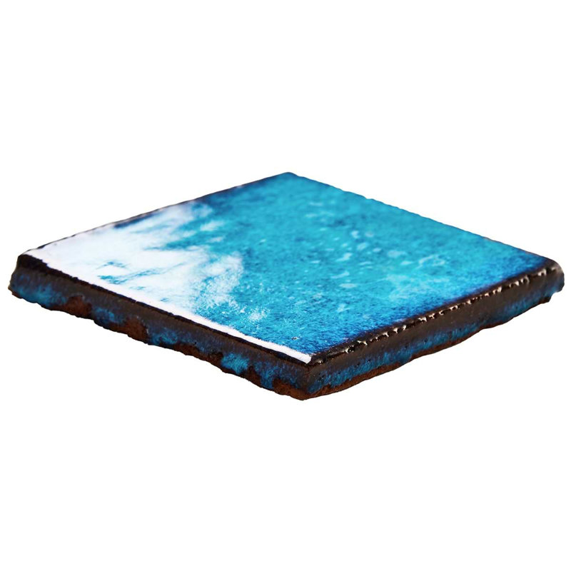 Emery 4x4 Square Handmade Crackled Glossy Terracotta Tile, Blue