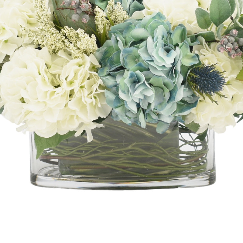 Mixed Floral Arrangement with Hydrangeas, Thistle and Protea, 19" H x 25" W x 17" D