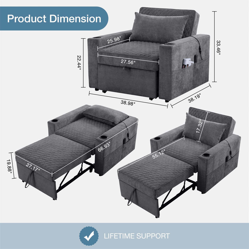 Canapé-lit convertible avec massage et coussin chauffant, multifonctionnel 3 en 1 pour le salon, la chambre à coucher et le bureau