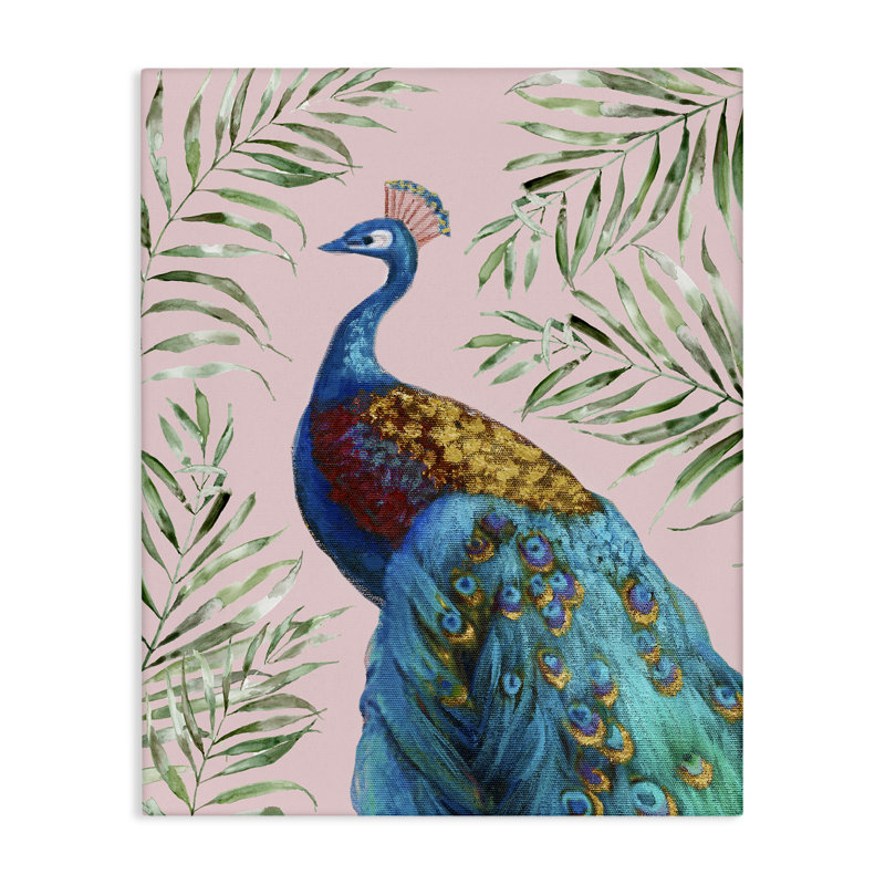 Élégante toile de paon et de palmiers, conception de Nan, H 20 po x l 16 po