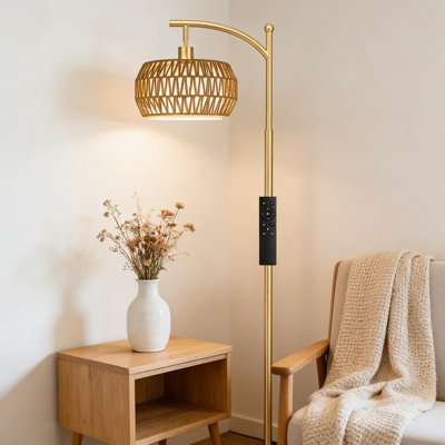 Lampe sur pied en arc avec télécommande, luminosité et température de couleur réglables, rotin double et abat-jour en tissu, ampoule incluse pour le salon et la chambre à coucher