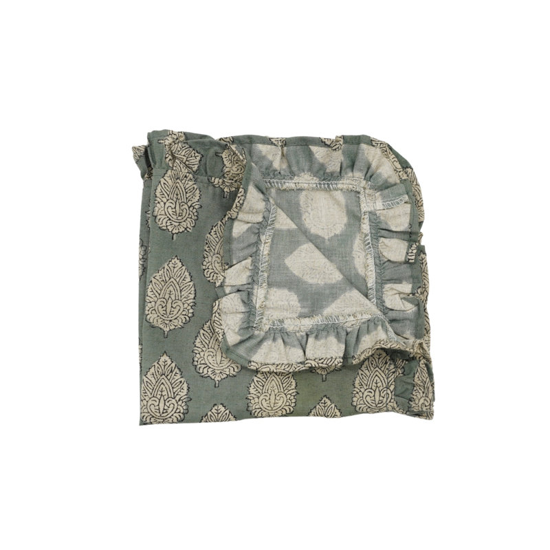 Fabdivine Elegant Florl Block Print Ruffled Napkin 18X18 Inch Classic Linen set of 6- Betal Leaf