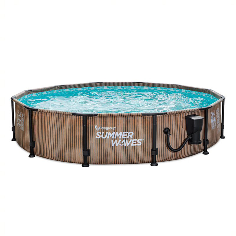 Summer Waves 12' x 33" Outdoor Round Frame Above Ground Swimming Pool with Pump, Natural Teak, 12' W x 36" H