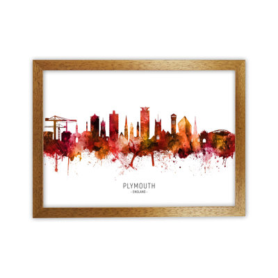 Plymouth England Skyline Red City Name by Michael Tompsett - Print