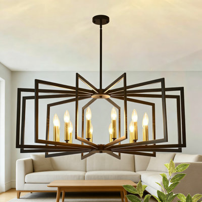Lustre industriel moderne avec design géométrique, grand luminaire suspendu 12 lumières pour salle à manger, îlot de cuisine, vestibule et décor de maison de campagne