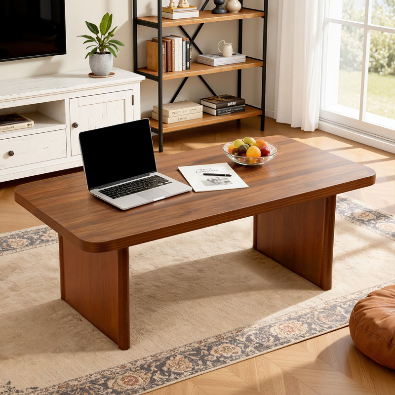 47.2" Modern Farmhouse Coffee Table with Solid Pine Legs & Rounded Corners, Walnut
