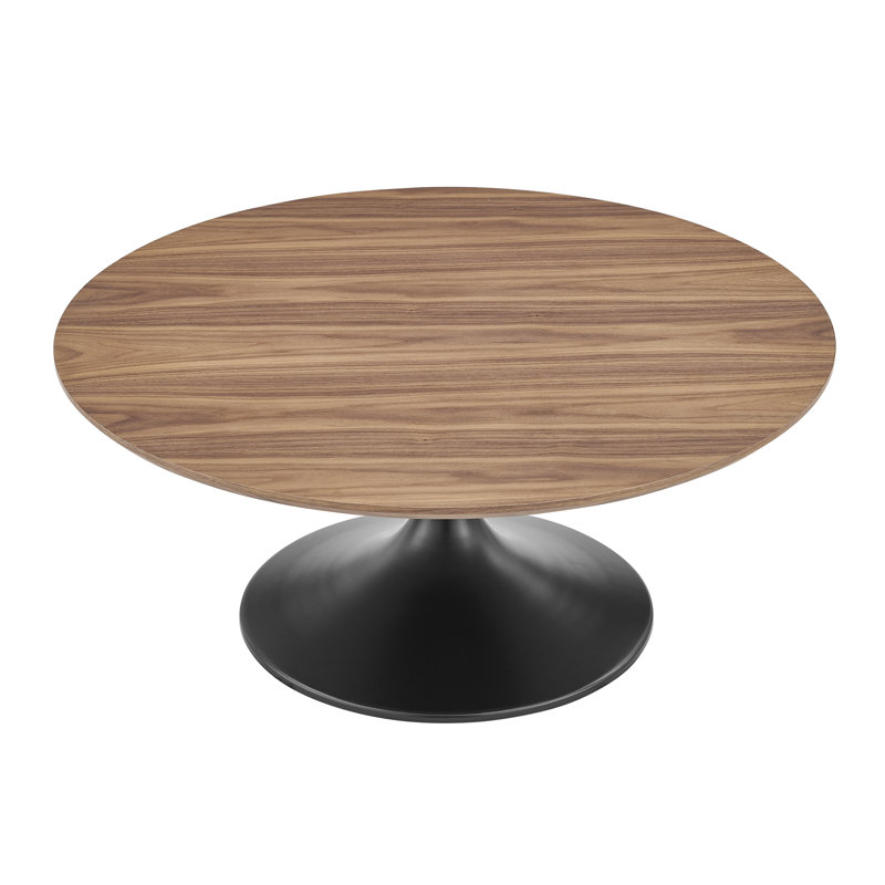 Astrid Round Coffee Table With American Walnut Veneer Top And Matte Black Base, Dark Brown Wood/Black