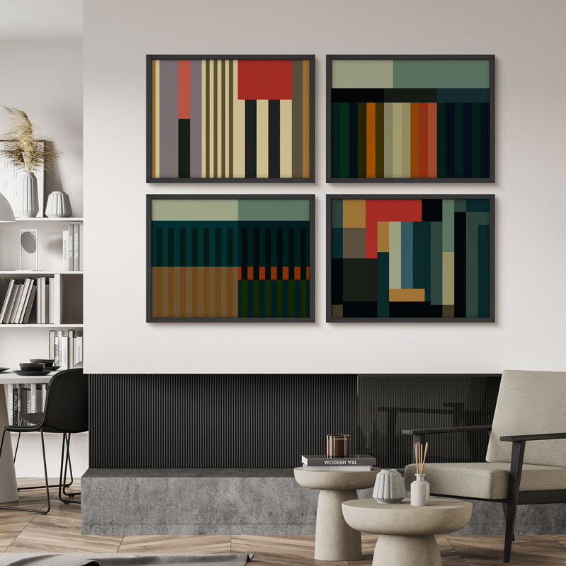 Ensemble 4 pièces d'art mural géométrique moderne Mid-Century - Imprimés audacieux à blocs de couleurs abstraites avec rayures rétro pour un décor de salon ou de bureau contemporain