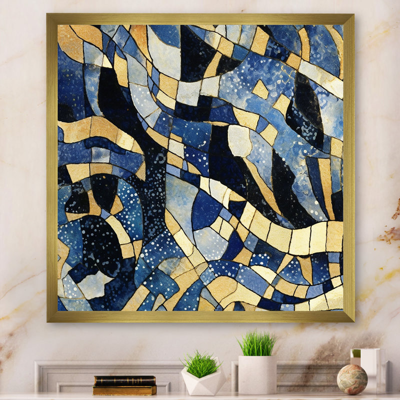 "Motif abstrait avec textures bleues et dorées", impression encadrée sur toile, Cadre doré à une seule photo