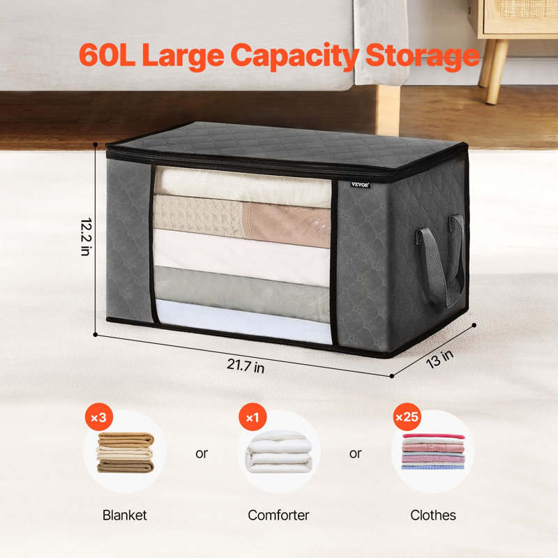 Grands sacs de rangement de 60 L, 6 bacs de rangement pour vêtements, contenants pliables pour organisateurs de placard avec poignée, sac de rangement en tissu novateur pour vêtements, couverture, édredon, drap de lit, coussin (gris)
