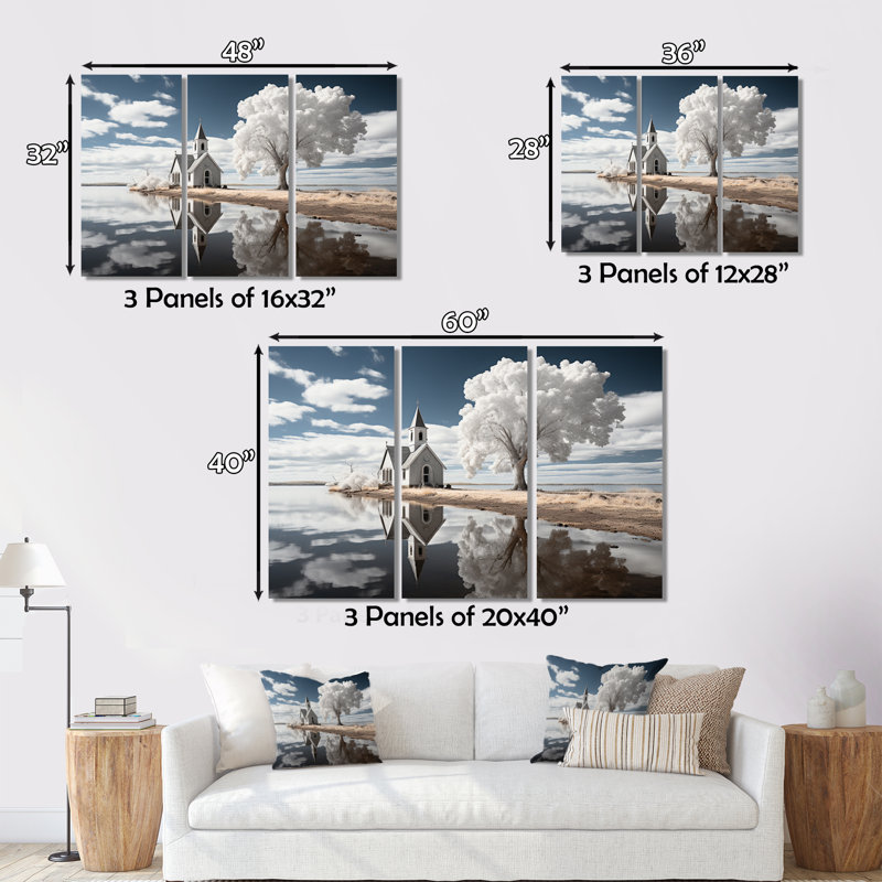 «Landscape Church Sacred Reflections II» sur toile, reproduction de 3 pièces, H 28 po x l 36 po x P 1 po