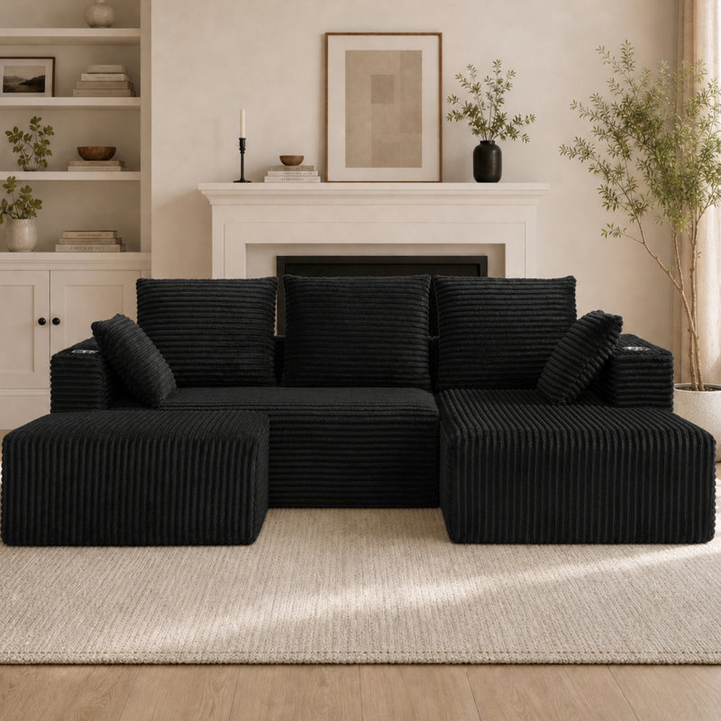 Canapé modulaire de 241 cm avec fauteuil lounge d'angle, quatre places, design sans dossier avec repose-pieds, Black Fabric
