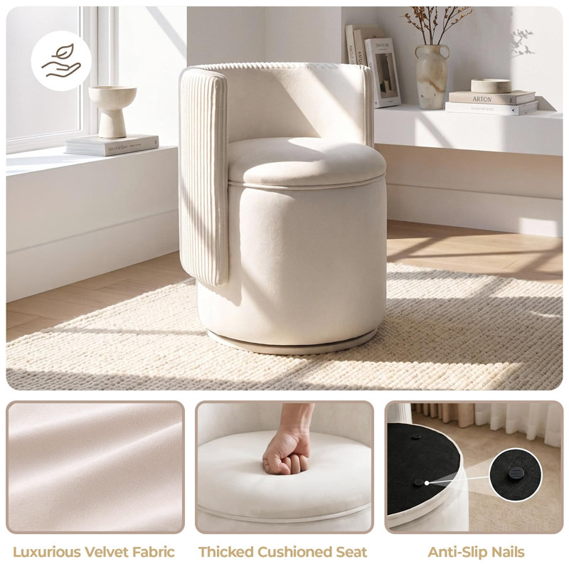 Velvet Swivel Accent Chair With Footstool, Beige
