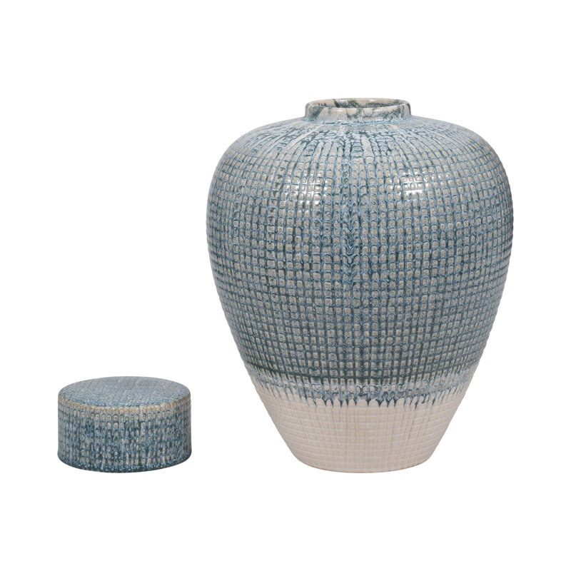 Modern Lidded Ceramic Table Vase Jar for Home Decor - Decorative Tall Flower Vase Accent for Consoles and Entryway Styling - Blue & White