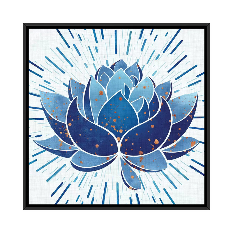 Lotus Indigo Blooming-impression d’art graphique, H 18 po x l 18 po x 1,5 po, Toile avec cadre noir, Pas de tapis