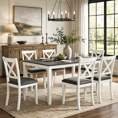 7-Piece Solid Wood Dining Table and Chairs Set, Modern 58.5 Inch Table with 6 Padded Chairs (X-Back Style) for Kitchen, Dining Room, Grey & White two toned
