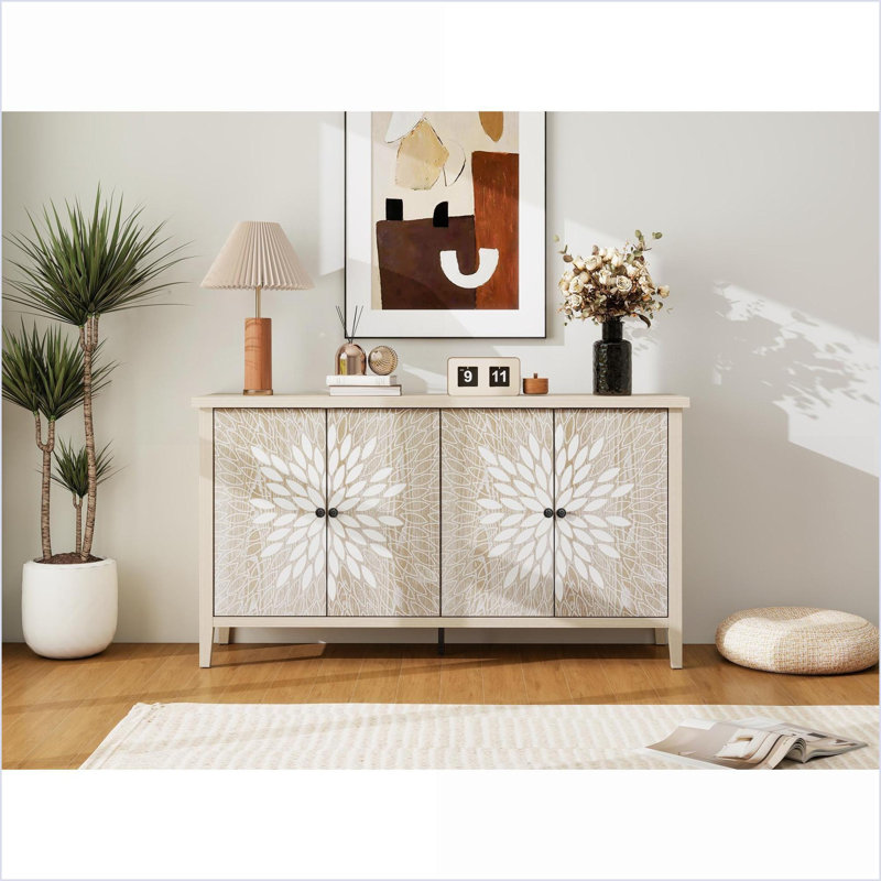 Cabinets with Storage, Walnut Brown Sideboard Buffet with 4 Doors &amp; Adjustable Shelves | Contemporary | Particle Board+MDF