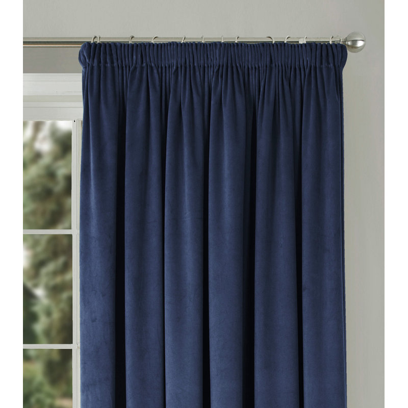 Velour Fully Lined Pencil Pleat Room Darkening Curtains, 114cm Width x 121cm Drop, Navy