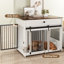 Large Dog Crate Furniture with Drawer Storage, Sliding Doors, Rotating Bowls-1437814368