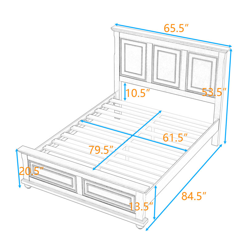 Panel Bed with Headboard and Slats, White, Queen